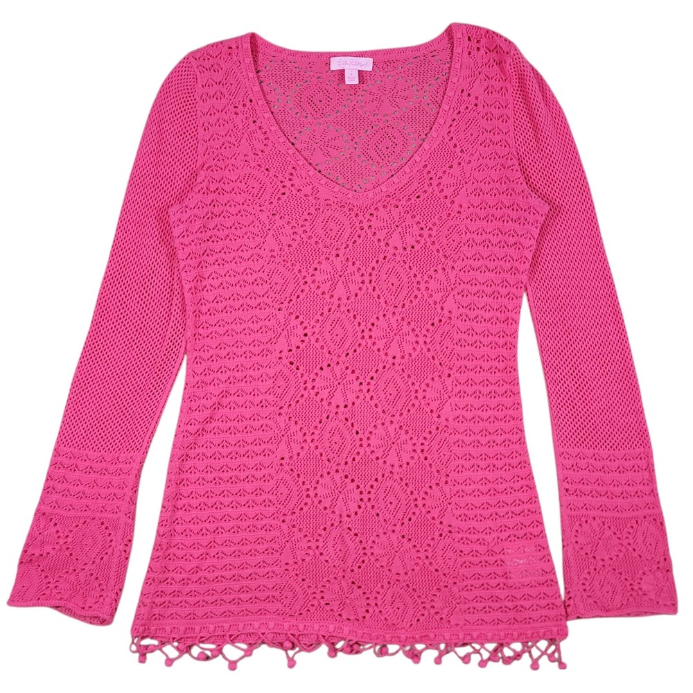Lilly Pulitzer Crochet Sweater Womens S Pink Knit Pom Pom Fringe Coastal Boho